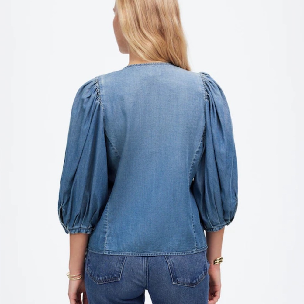 NWT Madewell Denim Puff-Sleeve Button-Up Top in Kennebec Wash - Picture 4 of 11